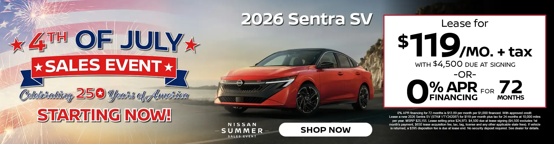Bella Nissan of Venice 2026 Sentra SV 4th of July Sales Event